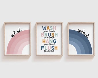 Kids Shared Bathroom Art, Bathroom Wall Prints, Set of 3, Wash Your Hands, Brush Your Teeth, Kids Bathroom Decor, Shared Bathroom Wall Art