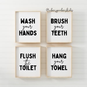 Kids Bathroom Art Prints, Set of 4: Wash, Brush, Flush, Hang (Digital Download)