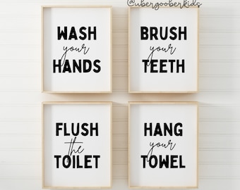 Kids Bathroom Art Set, Bathroom Wall Prints, Set of 4, Wash Your Hands, Brush Your Teeth, Kids Bathroom Decor, Children's Bathroom Wall Art