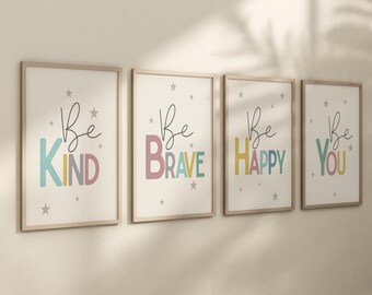 Kids Affirmations, Set of 4, Be You, Be Brave, Be Kind, Be Happy, Kids Wall Decor, Printable Wall Art, Digital Download, Motivational