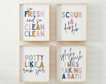 Juego de arte para baño infantil, impresiones de pared para baño, juego de 4, "Splish Splash", tan fresco y limpio, decoración de baño infantil, arte de pared para baño infantil