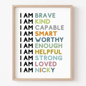 Arte stampabile per la cameretta dei bambini, affermazioni per bambini, arte delle affermazioni, stampe personalizzate, affermazioni &quot;IO SONO&quot;, arte murale con nome personalizzato, poster per bambini