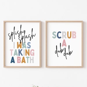 Kids Bathroom Art Set, Bathroom Wall Prints, Set of 2, Splish Splash, Scrub a Dub Dub, Kids Bathroom Decor, Children's Bathroom Wall Art