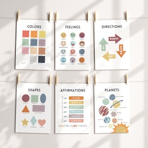 May include: Set of 6 colorful educational posters for kids featuring themes like colors, feelings, directions, shapes, affirmations, and planets. Each poster has a different design with illustrations and text.