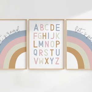 Let&#39;s Read Let&#39;s Play Art, Set of Three, Playroom Art, ABC Poster, Playroom Prints, Rainbow, Playroom Decor, Digital Download, Printable