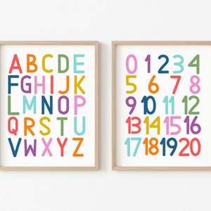 Speelkamermuurkunstset, set van twee, educatieve prints, klasposters, thuisonderwijs, kindermuurdecoratie, alfabet, cijfers, regenboog