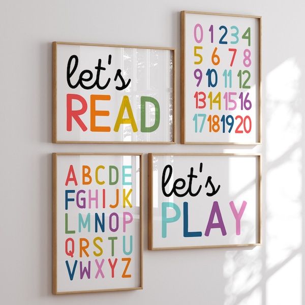 Conjunto de láminas para sala de juegos, decoración de pared para sala de juegos, arte de pared para guardería, letrero de juego, decoración de habitación infantil, letrero de "Juguemos", letrero de "Leamos", juego de pósteres de juego