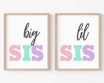 Lámina de hermana mayor y hermana menor, pastel, juego de 2, decoración para hermanos, láminas infantiles, dormitorio infantil, póster para hijas