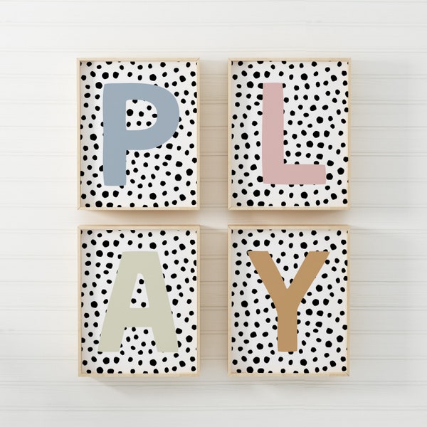 Play Letters Wall Art, Set of Four, Playroom Wall Decor, Playroom Prints, Playroom Wall Art, Playroom Decor, Printable, Digital Download