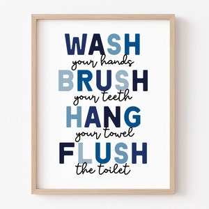 Kids Bathroom Art, Bathroom Wall Prints, Wash Your Hands, Brush Your Teeth, Flush Toilet, Kids Bathroom Decor, Hang Your Towel, Digital