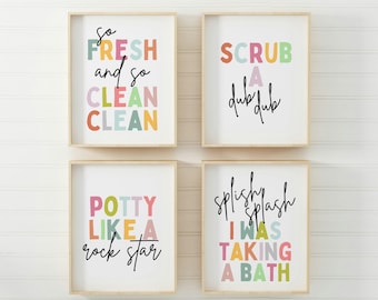 Kids Bathroom Art Set, Bathroom Wall Prints, Set of 4, Splish Splash, So Fresh and Clean, Kids Bathroom Decor, Children's Bathroom Wall Art