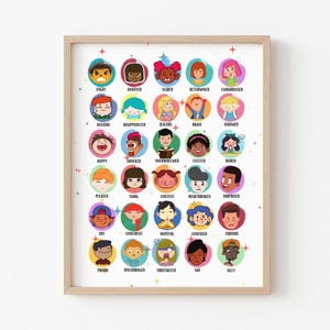 Kids Emotions and Feelings Chart - Emotional Awareness Classroom Wall Art - 30 Expressive Faces for Kids Room Decor