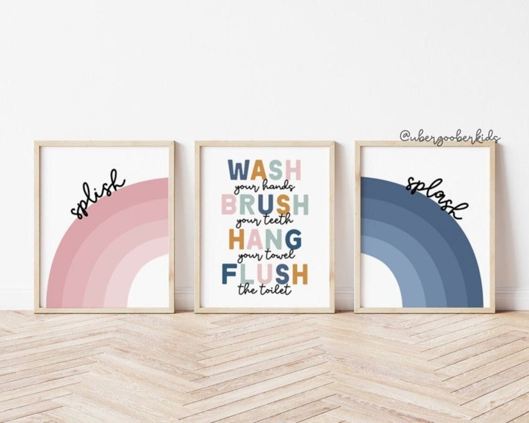 Kids Bathroom Decor, Shared Bathroom Wall Prints, Set of 3, Wash Your
