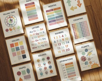 May include: A set of 12 colorful educational posters for children. The posters feature various topics such as days of the week, months of the year, letters, numbers, colors, shapes, feelings, affirmations, counting, planets, and telling time. The posters are designed with a modern aesthetic and feature bright colors and playful illustrations.