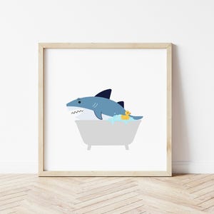 May include: A blue shark in a white bathtub with yellow rubber duckies. The shark is smiling and has a white background.