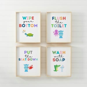 Sea Animals Bathroom Set, Bathroom Wall Prints, Set of 4, Wipe Your Bum, Flush The Toilet, Kids Bathroom Decor, Children&#39;s Bathroom Wall Art