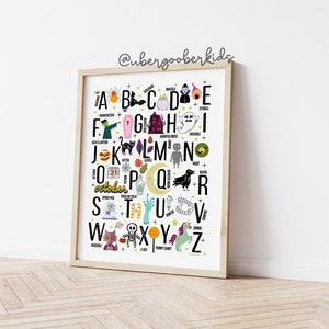 Peut inclure: Une affiche d'alphabet color&eacute;e avec des illustrations et des mots sur le th&egrave;me d'Halloween. L'affiche pr&eacute;sente une vari&eacute;t&eacute; de personnages effrayants, notamment une araign&eacute;e, un fant&ocirc;me, une sorci&egrave;re, un vampire, un zombie et une licorne. L'affiche est parfaite pour d&eacute;corer la chambre d'un enfant ou une salle de classe pour Halloween.