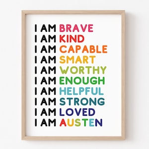 Arte stampabile per la cameretta dei bambini, affermazioni per bambini, arte delle affermazioni, stampe personalizzate, affermazioni &quot;IO SONO&quot;, arte murale con nome personalizzato, poster per bambini