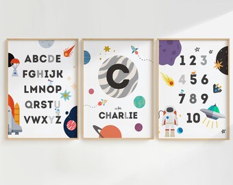 Kids Space Wall Art, Set of 3, Kids Space Art, Space Themed Nursery, Custom Baby Name Print, Personalized, Nursery Decor, Kids Room Decor