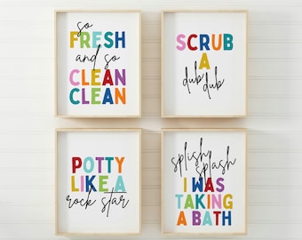 Kids Bathroom Art Set, Bathroom Wall Prints, Set of 4, Splish Splash, So Fresh and Clean, Kids Bathroom Decor, Children's Bathroom Wall Art