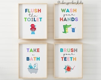 Kids Bathroom Art Set, Bathroom Wall Prints, Set of 4, Wash Your Hands, Brush Your Teeth, Kids Bathroom Decor, Children's Bathroom Wall Art