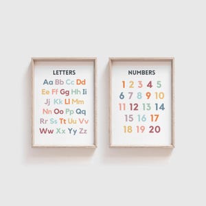 May include: Two framed prints with a white background. The print on the left has the word "LETTERS" at the top and lists the alphabet in lowercase letters with each letter in a different color. The print on the right has the word "NUMBERS" at the top and lists the numbers 1 through 20 in a column, with each number in a different color.