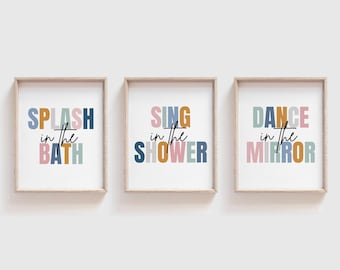 Kids Bathroom Art Set, Bathroom Wall Prints, Set of 3, Girls Room Decor, Splash Sing Dance, Bathroom Decor, Children&#39;s Bathroom Wall Art