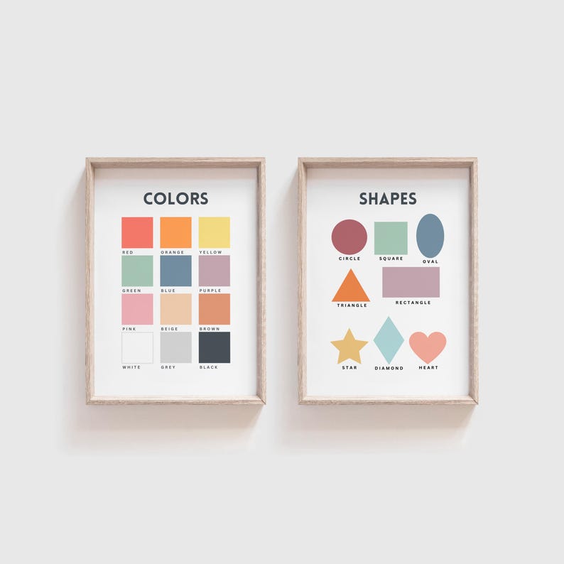 May include: Two framed educational posters for children. The left poster features a color chart with 12 colors and their names. The right poster features a shape chart with 6 shapes and their names.