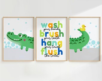 Crocodile Kids Bathroom Art Prints: Set of 3, Alligator Decor,