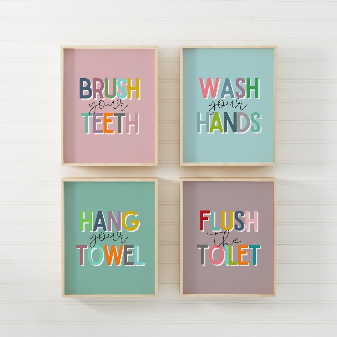Kids Bathroom Art Set, Bathroom Wall Prints, Set of 4, Wash Your Hands ...