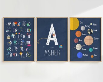 Space Wall Art, Set of 3, Custom, Alphabet, Name Poster Boy, ABC Poster, Kids Wall Prints, Personalized Nursery Art, For Boy, ABC Wall Print