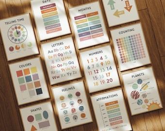 May include: A set of 12 colorful educational posters for children. The posters feature various topics such as days of the week, months of the year, letters, numbers, colors, shapes, feelings, affirmations, counting, planets, and telling time. The posters are designed with a modern aesthetic and feature bright colors and playful illustrations.
