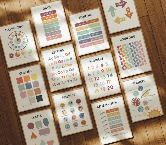 educational posters set, alphabet poster, boho classroom decor, for kid, emotions poster, homeschool printable, montessori toddler, playroom