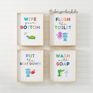 Sea Animals Bathroom Set, Bathroom Wall Prints, Set of 4, Wipe Your Bum, Flush The Toilet, Kids Bathroom Decor, Children's Bathroom Wall Art image 1