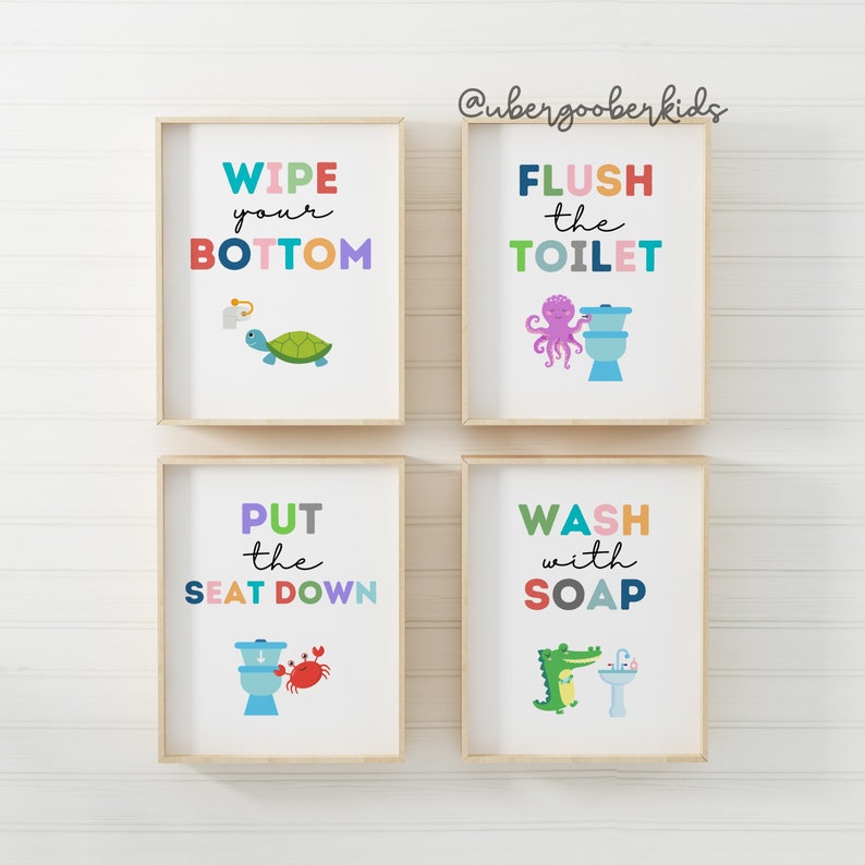 Sea Animals Bathroom Set, Bathroom Wall Prints, Set of 4, Wipe Your Bum, Flush The Toilet, Kids Bathroom Decor, Children's Bathroom Wall Art image 1