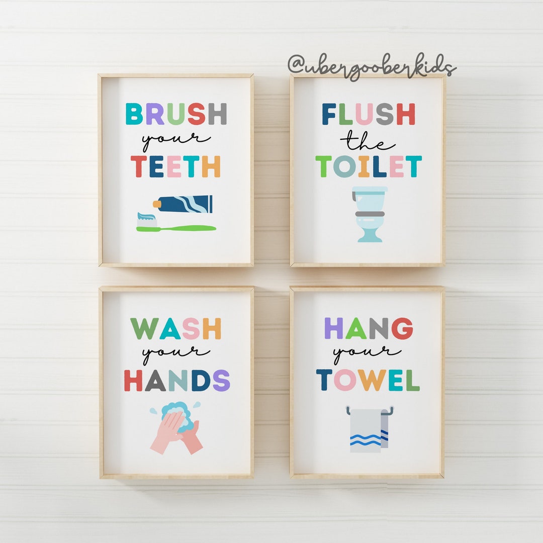 Kids Bathroom Art Set, Bathroom Wall Prints, Set of 4, Wash Your Hands
