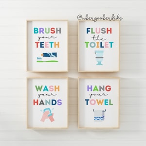 Kids Bathroom Art Set, Bathroom Wall Prints, Set of 4, Wash Your Hands, Brush Your Teeth, Kids Bathroom Decor, Children's Bathroom Wall Art