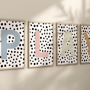 Arte de parede com letras de brincadeira, conjunto de quatro, decoração de parede para sala de jogos, impressões para sala de jogos, arte de parede para sala de jogos, decoração para sala de jogos, para impressão, download digital