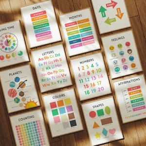 May include: A set of 12 colorful educational posters for children. The posters feature various topics such as days of the week, months of the year, letters, numbers, shapes, colors, planets, feelings, affirmations, and telling time. The posters are designed with bright colors and fun illustrations.