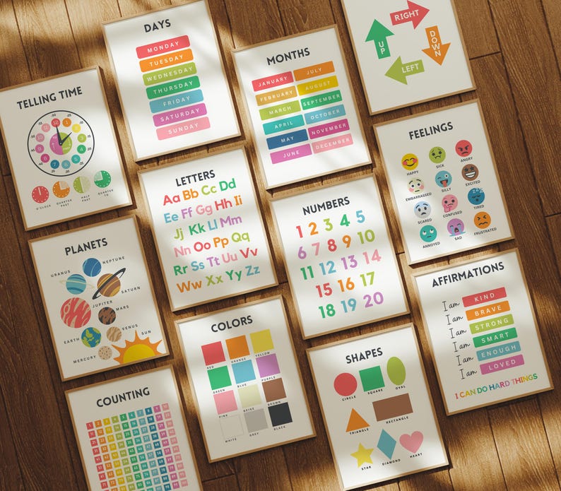 May include: A set of 12 colorful educational posters for children. The posters feature various topics such as days of the week, months of the year, letters, numbers, shapes, colors, planets, feelings, affirmations, and telling time. The posters are designed with bright colors and fun illustrations.