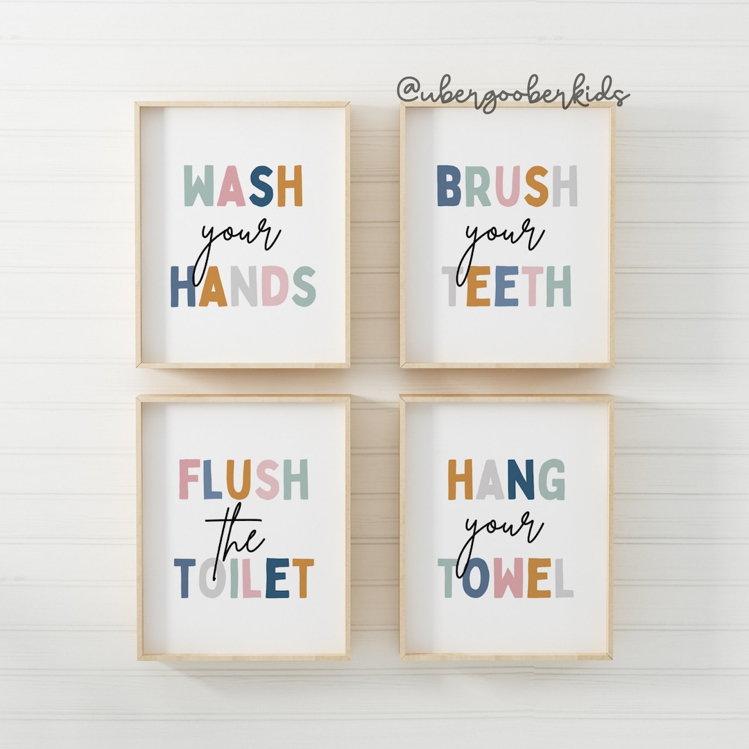 Kids Bathroom Art Set, Bathroom Wall Prints, Set of 4, Wash Your Hands ...