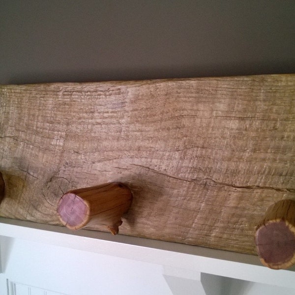 Primitive coat rack hanger. Reclaimed wood furniture.  Pine board and foraged cedar pegs.