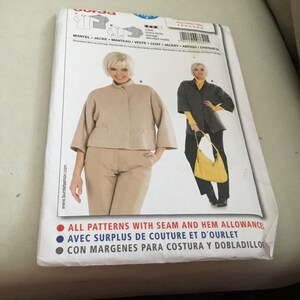 May include: A sewing pattern for a jacket or coat. The pattern includes instructions for making a jacket with a mandarin collar and a long sleeve. The pattern also includes instructions for making a coat with a shawl collar and a long sleeve. The pattern is available in sizes 34 to 44.