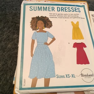 May include: A sewing pattern for two summer dresses. The pattern includes instructions for a blue dress with white polka dots and a red dress. The pattern is for sizes XS-XL. The pattern is from Threadcount Patterns.