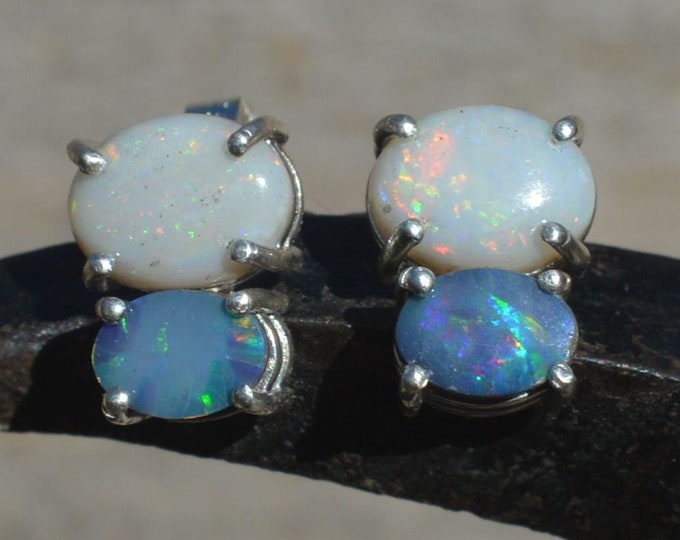 Silver and Opal Doublet Stud Earrings, Oval Australian Opal