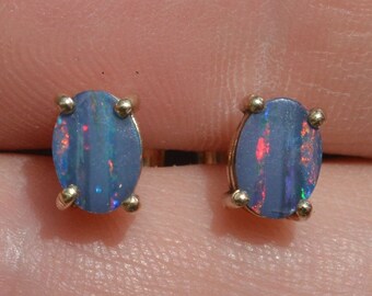 9ct Gold Opal Doublet Stud Earrings, Genuine Australian Opal Studs, Minimalist Oval Blue 0pal, Gold Earrings, Birthday Gifts For Her