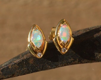 Dainty 18ct Gold Opal and Diamond Stud Earrings, Marquise Australian Crystal Opal