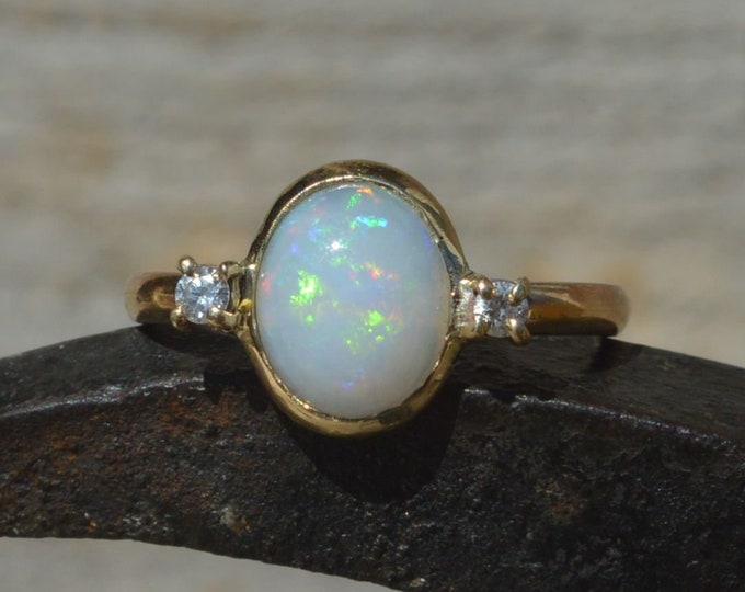 9ct Gold Oval Australian Opal and Diamond Three Stone Ring