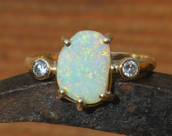 Handmade 9ct Gold Australian Opal and Diamond Ring, Coober Pedy Opal