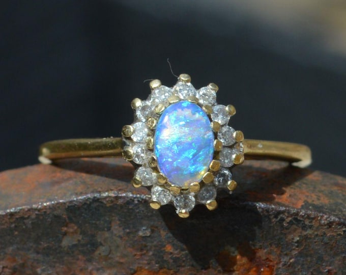 9ct Gold Australian Crystal Opal and Diamond Halo Ring